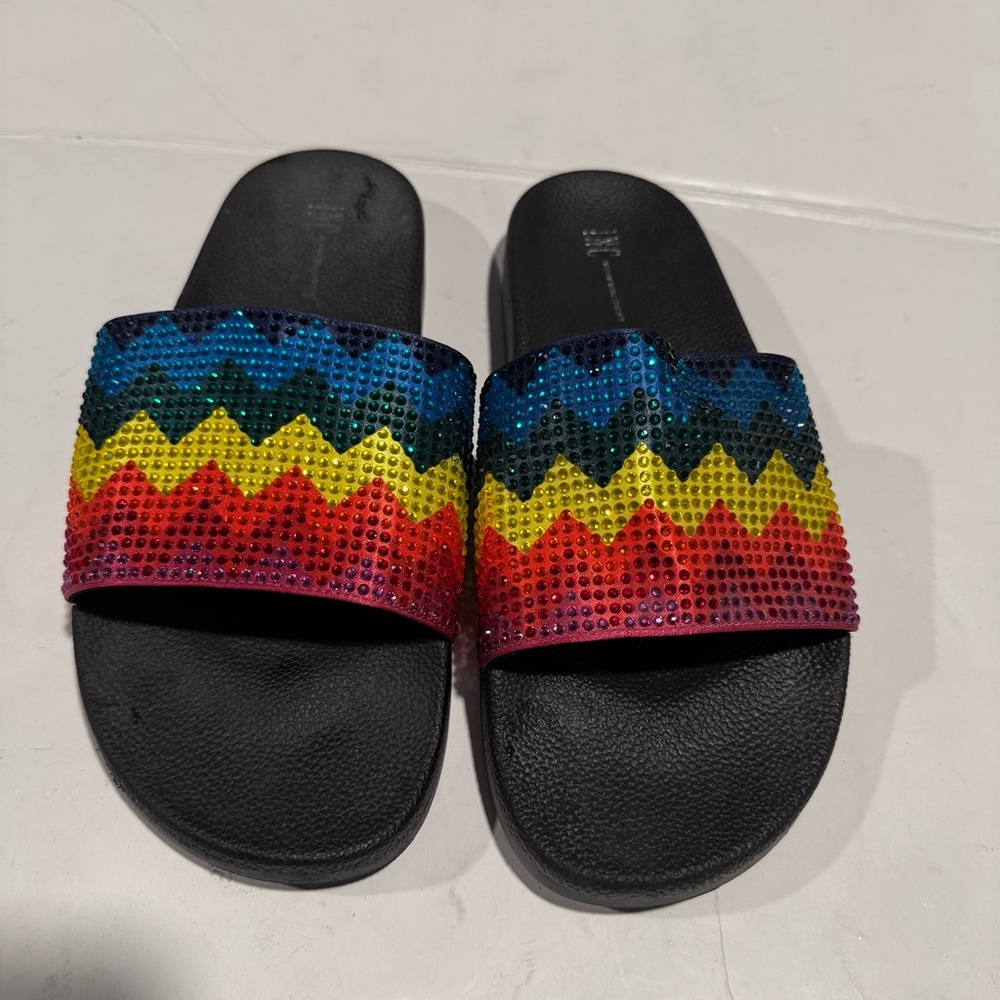 INC International Concept Colorful Rhinestone Slide Sandals Size 9M